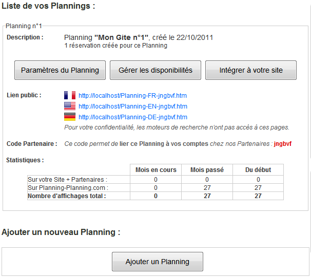 Planning gratuit Gites